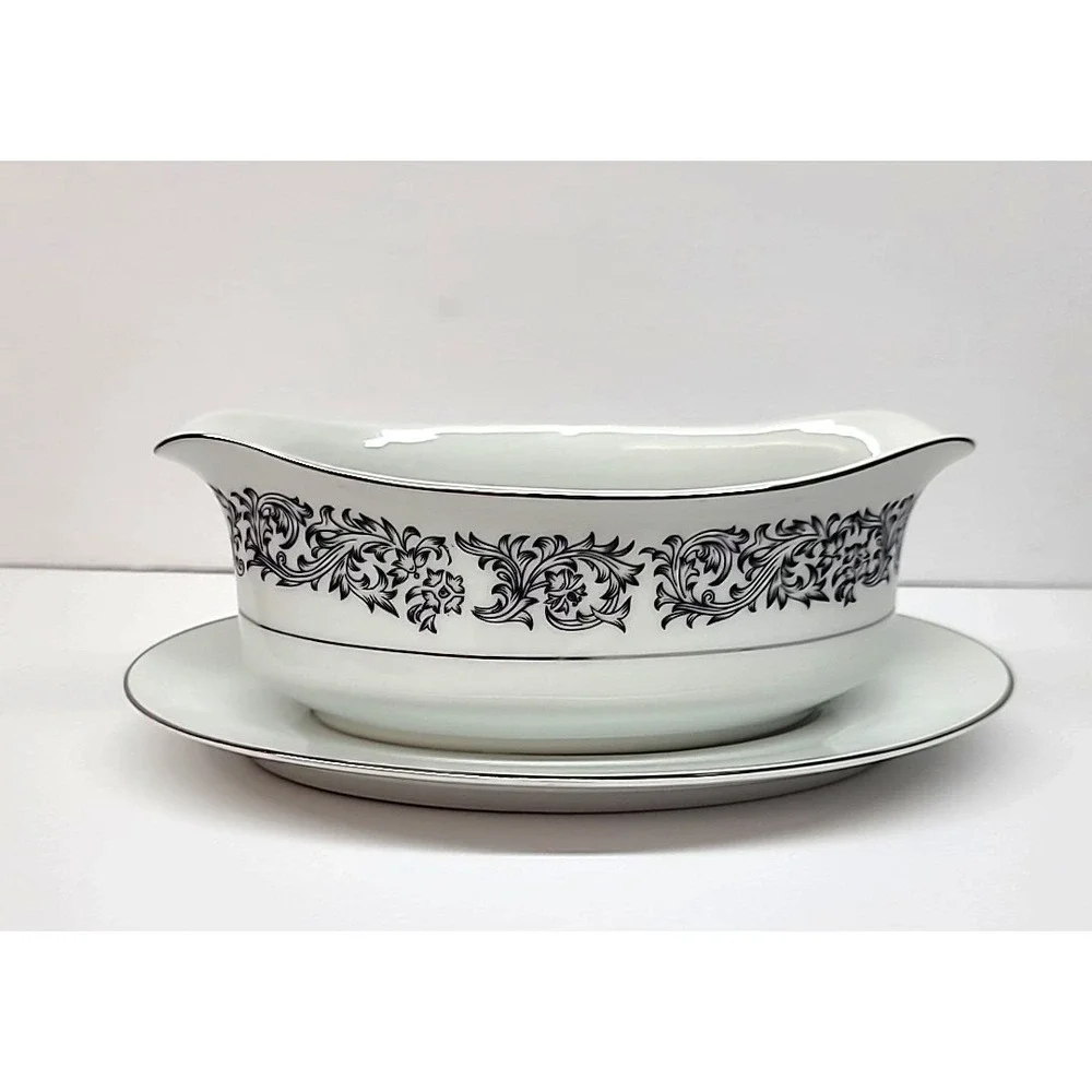 Society Fine China Elegance Pattern Black/White w/Silver Rim Gravy Boat